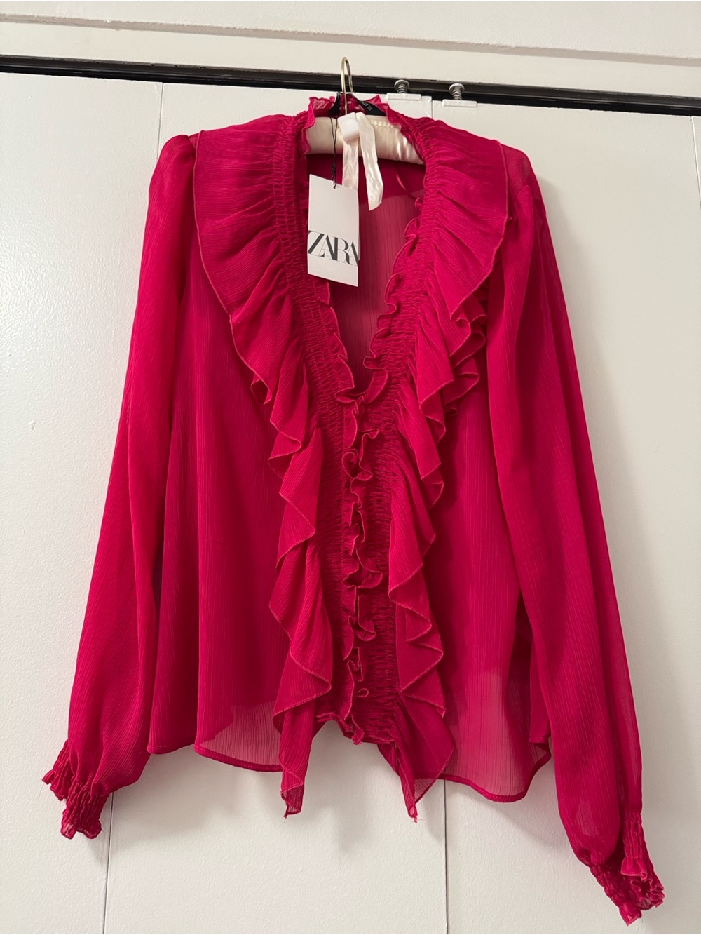 Zara Fuschia Ruffle-Front Blouse